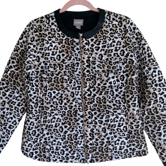 Chico’s Leopard Print Jacket Quilted Fall Jacket Lightweight Zip Up Sz 0 /Small - Picture 2 of 16